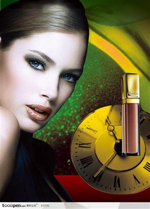 法国美容化妆化妆品元素-唇膏口红外国美女脸部特写时钟背景