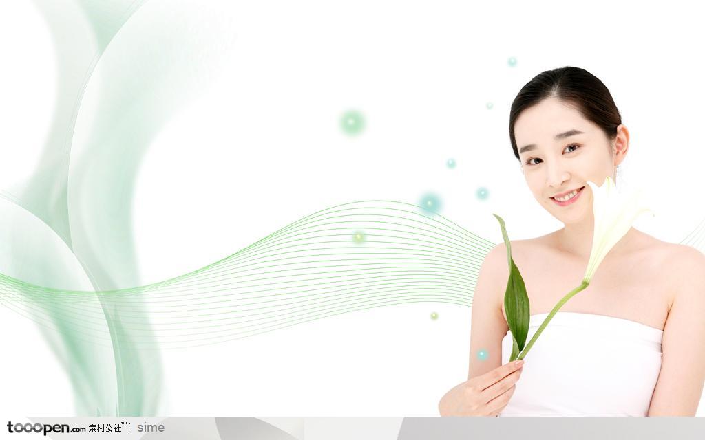 韩国美容SPA按摩广告元素展板拿着百合花的清纯美女模特