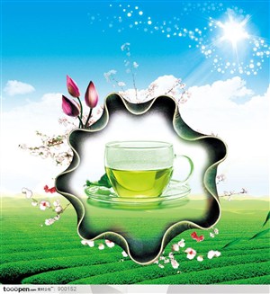 餐饮海报-中国传统茶文化宣传-茶园上的玻璃茶杯