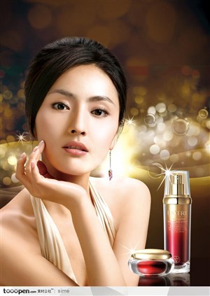 名牌化妆品广告展板元素-单手托着下巴的韩国高贵美女