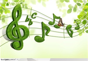 绿色植物音符五线谱和树叶背景