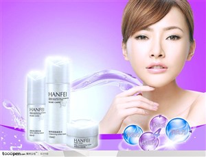 美容化妆保养品广告-紫色背景手指轻碰下巴的美女