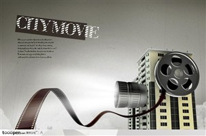 城市电影主题挂在城市高楼上的电音胶片