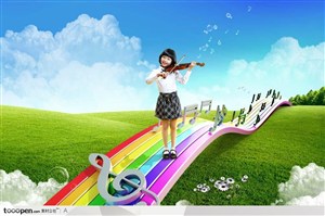 站在彩虹音符桥上演奏小提琴的小女孩