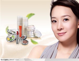 美容化妆保养品滚广告元素-魅力女人笑容化妆品唇膏