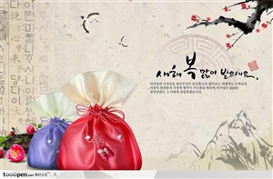 红色蓝色手工锦囊和传统韩国风背景底纹