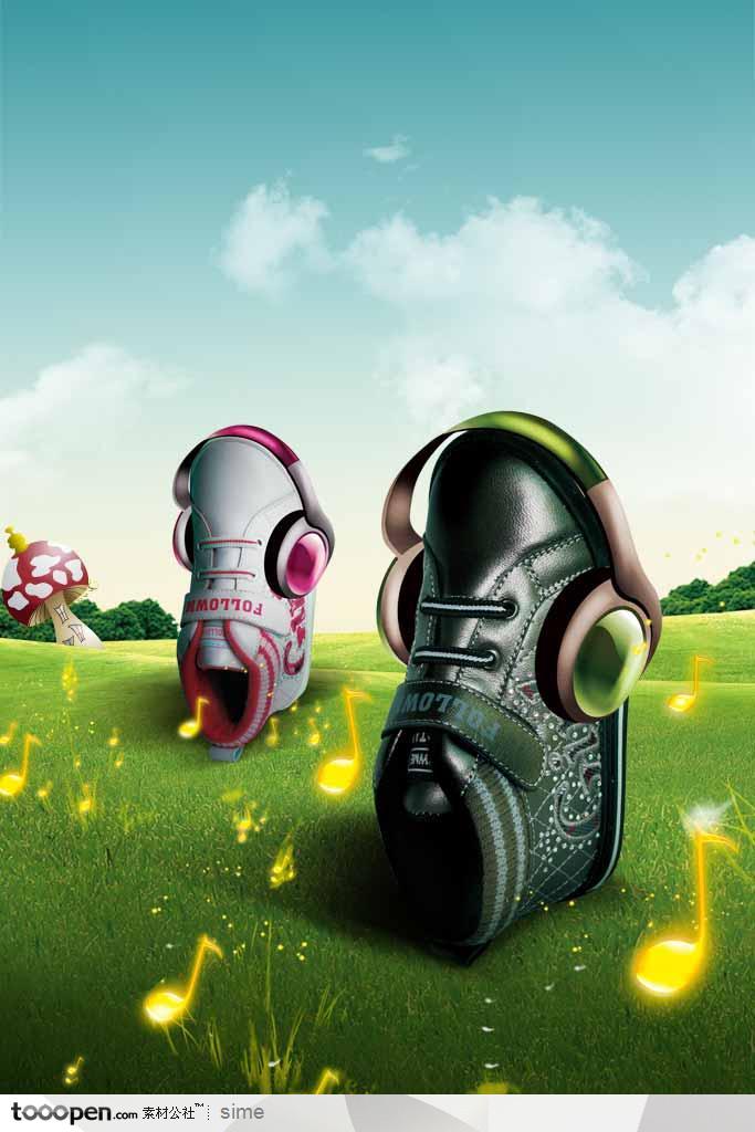 音乐海报元素-带着耳机的旅游鞋运动鞋草地音符