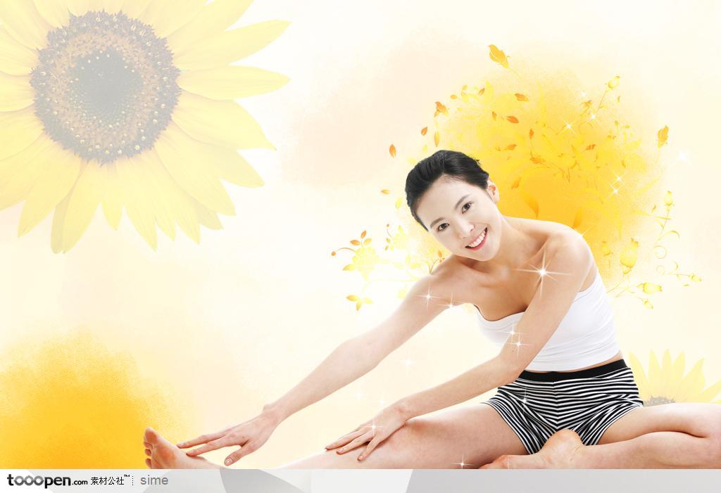 美容SPA健身保健-压腿减肥韩国美女橙色水墨背景
