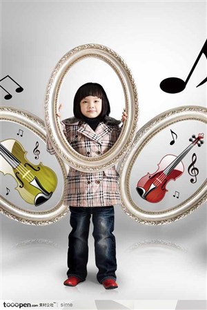 音乐海报元素-站在欧式椭圆相框里的小女孩和小提琴