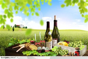 摆在室外草地上餐桌和葡萄酒瓶面包水果