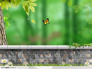 草地围墙外模糊的绿色树林和飞舞的蝴蝶