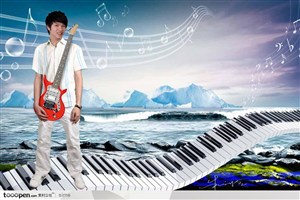 音乐海报元素-站在钢琴键盘上背着吉他的吉他手
