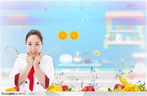 美容保健食品广告元素拿着厨具的韩国美女厨师水果