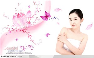 美容SPA健身保健-抱手韩国美女粉色荷花花卉
