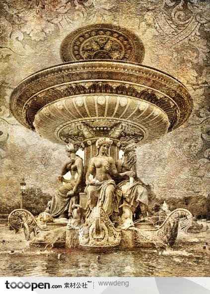 欧式建筑油画西方雕塑喷泉