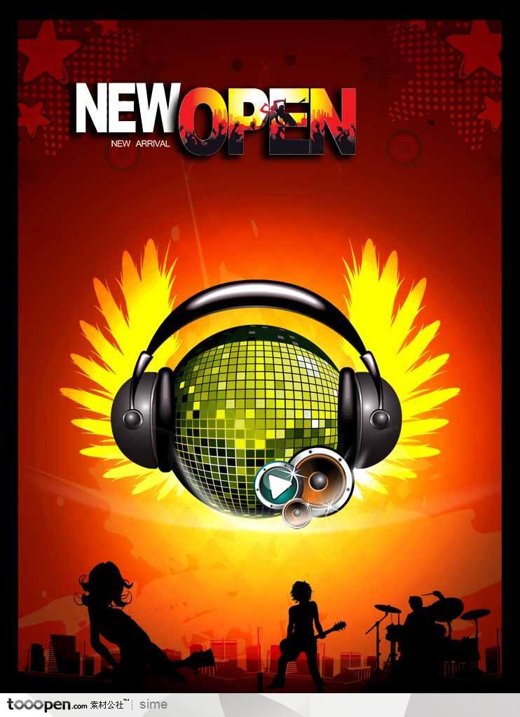 音乐海报元素-OPEN设计字体潮流背景舞台玻璃灯光球