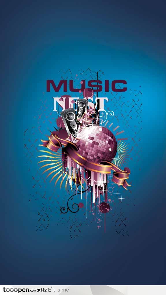 音乐海报元素-音响紫色绶带潮流元素舞台灯光玻璃球