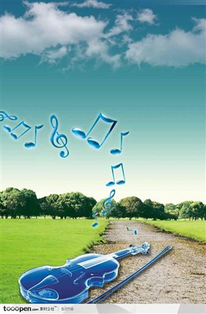 音乐海报元素-蓝天白云草地上的3D立体小提琴