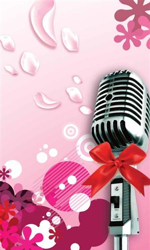音乐海报元素-粉色花纹背景底纹绑着蝴蝶结的老式话筒