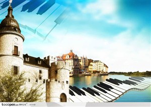 音乐海报元素-钢琴键盘欧洲古堡