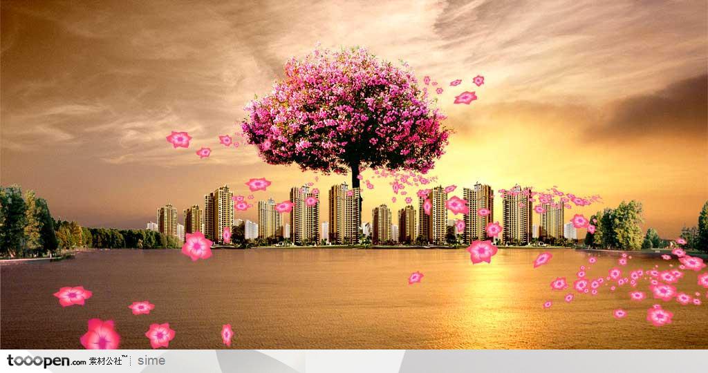 房地产广告元素-夕阳晚霞3D模拟城市小高层湖泊河流与桃花树