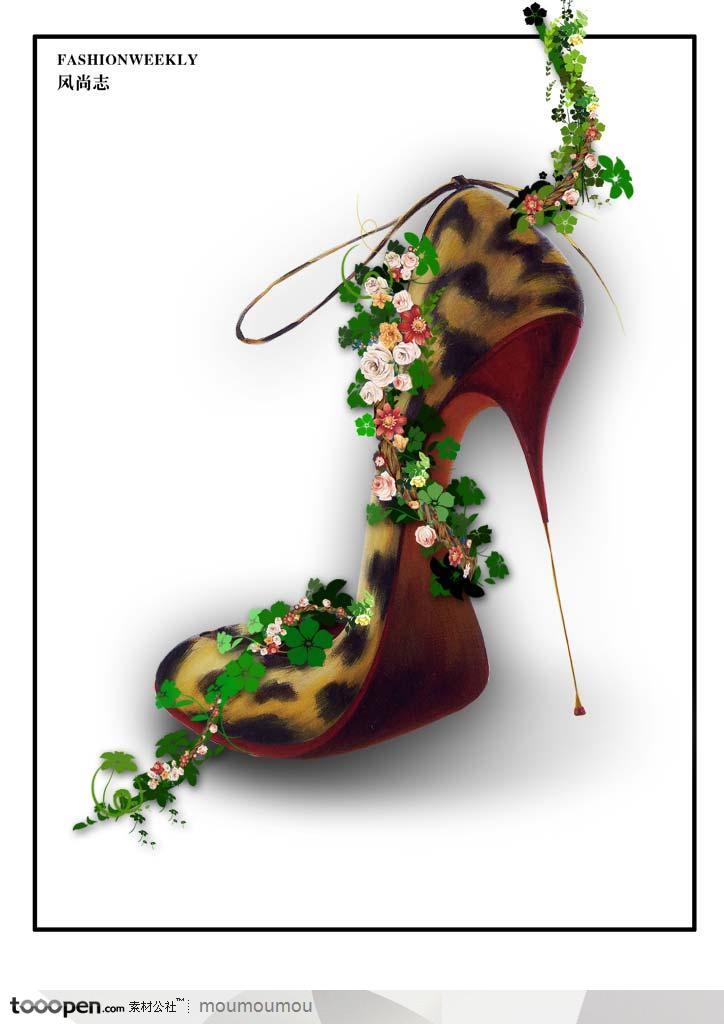 高跟鞋创意广告-花藤缠绕的豹纹高跟鞋