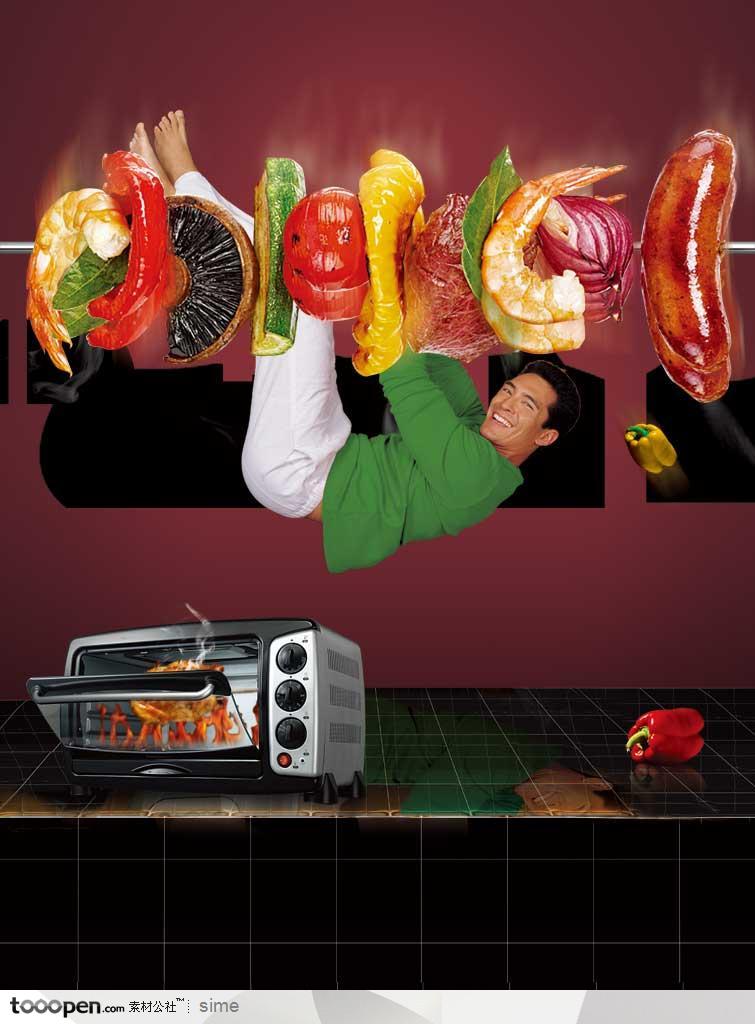 烹饪饮食料理餐馆展板-烤串上挂着的男人和微波炉里的烤鸡