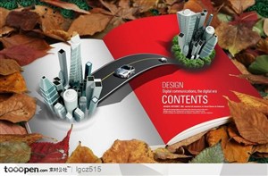 韩国创意地产海报PSD分层模板---枯叶,树叶,书本,城市建筑模型,高速公路,韩国地产