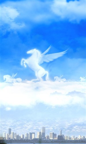 城市建筑上空蓝色天空白色云层上白色翅膀的马