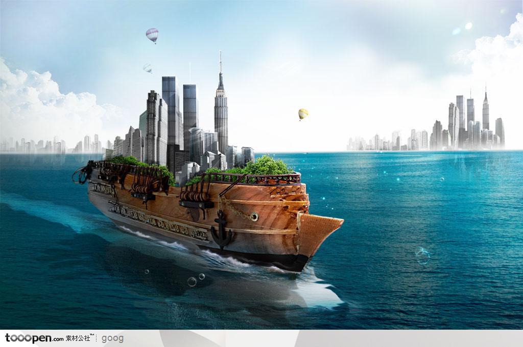 创意商业设计元素-3D立体诺亚方舟轮船海洋大海