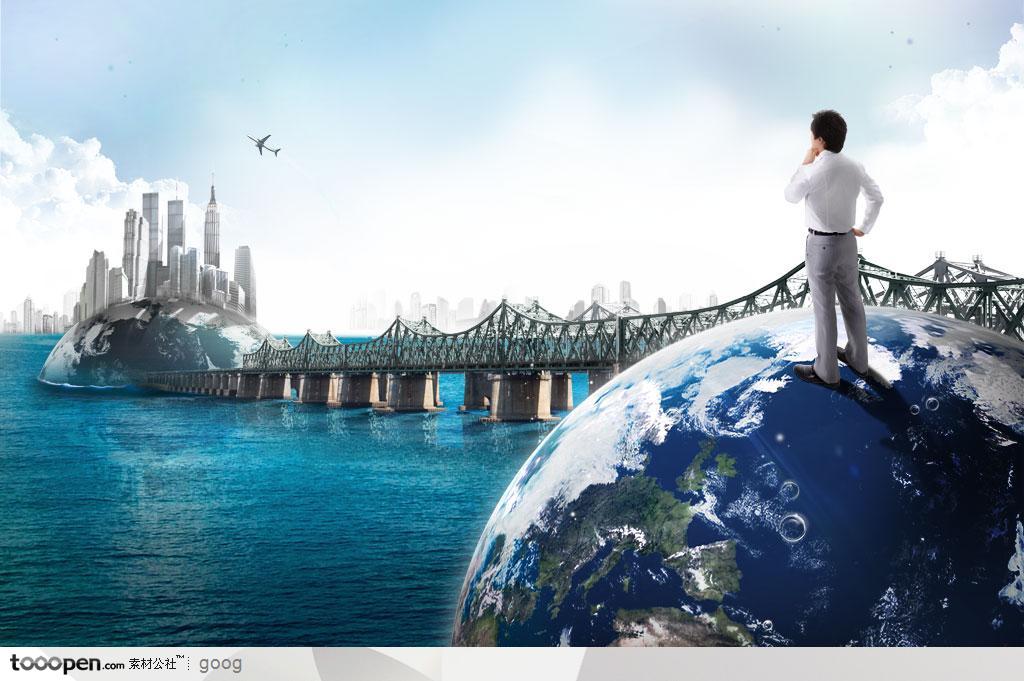 创意商业设计元素-站在蓝色地球上眺望的白领男士大桥