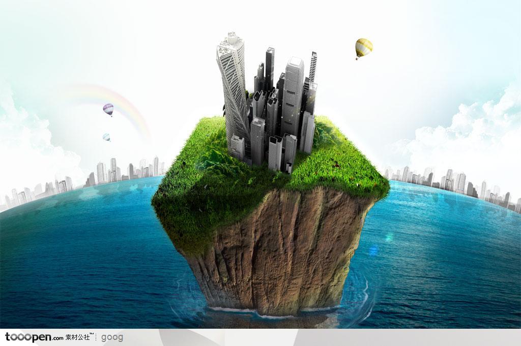 创意商业设计元素-3D立体海洋中的陆地城市都市
