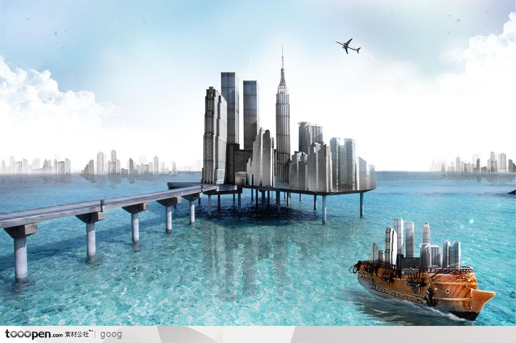 创意商业设计元素-海上都市城市诺亚方舟轮船