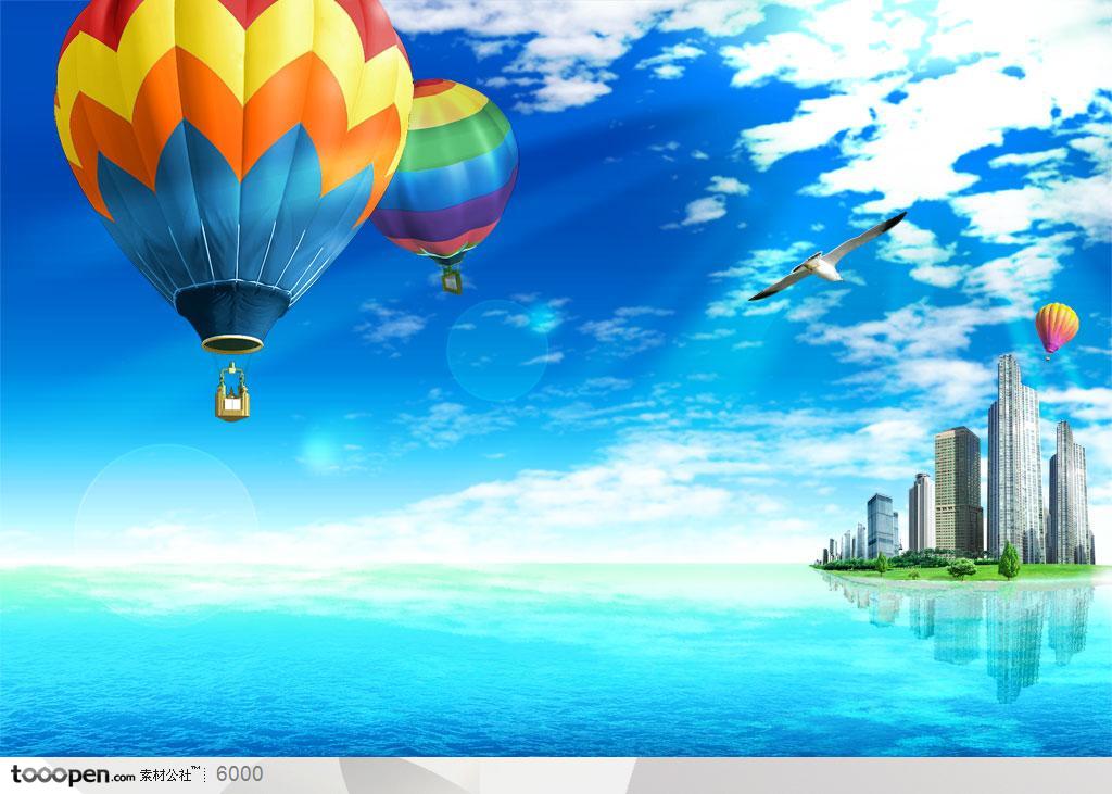 海边城市上空的氢气球