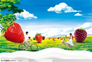 牛奶饮品广告素材-草莓下骑车的情侣