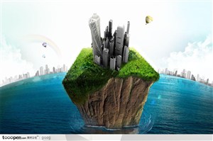 创意商业设计元素-3D立体海洋中的陆地城市都市