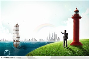 创意商业设计元素-草地上的灯塔白领男士海洋中的航船