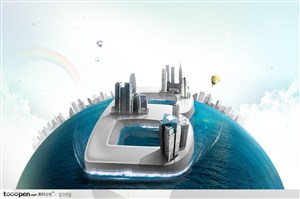 创意商业设计元素-漂浮在海洋上的3D立体字母B上城市