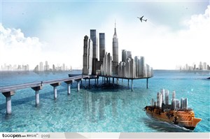 创意商业设计元素-海上都市城市诺亚方舟轮船