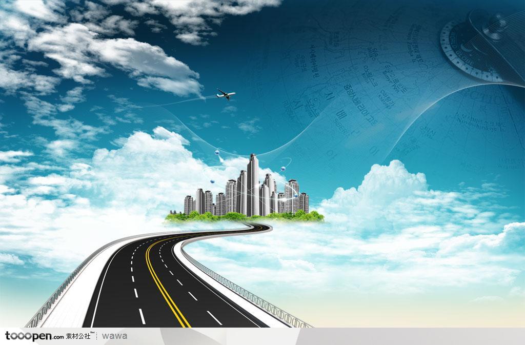 房地产创意广告蓝天白云下漂浮的城市高速公路
