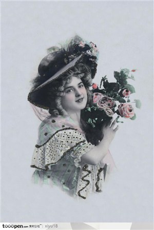女性复古影像-抱着一束花枝的美女