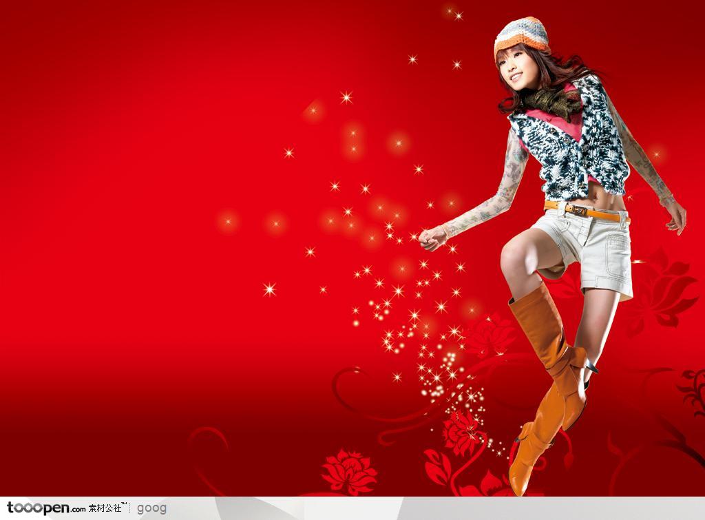青春可爱活泼人物春季服装展示红色花纹