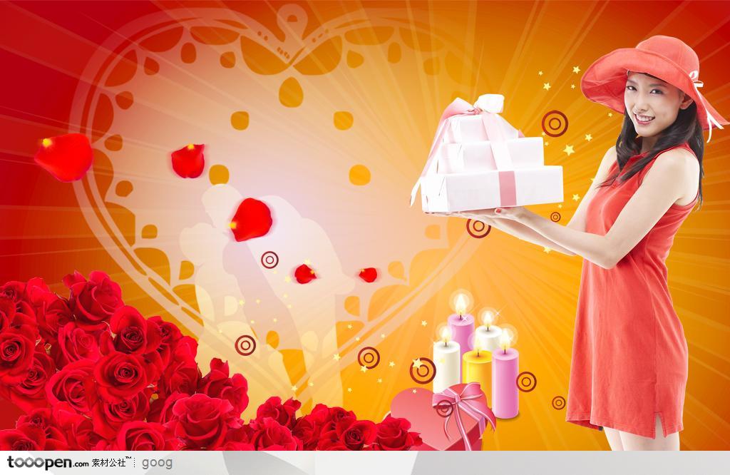 情人节广告元素-拿着礼盒的美女红色玫瑰蜡烛
