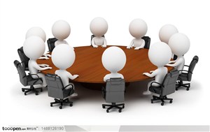 三维小人业务团队坐在圆形会议桌上开会场