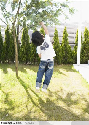幸福的一家-跳起来抓树枝的小男孩