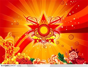 国庆节传统元素-红色射线背景底纹牡丹花华表