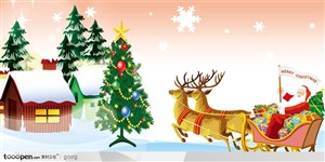 圣诞节元素-雪花牵着麋鹿的圣诞老人圣诞树