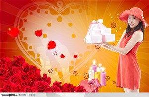情人节广告元素-拿着礼盒的美女红色玫瑰蜡烛
