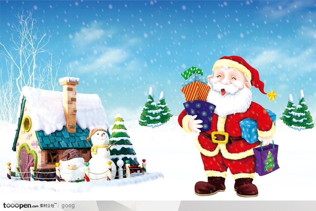 圣诞节传统元素-冬季雪花雪景小木屋拿着礼盒的圣诞老人插画