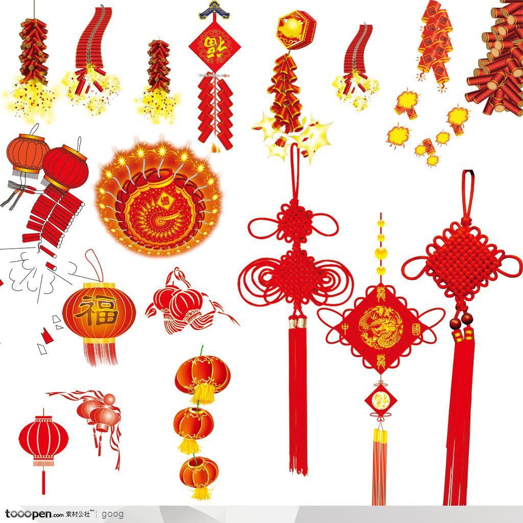 春节新春传统元素-鞭炮灯笼中国结